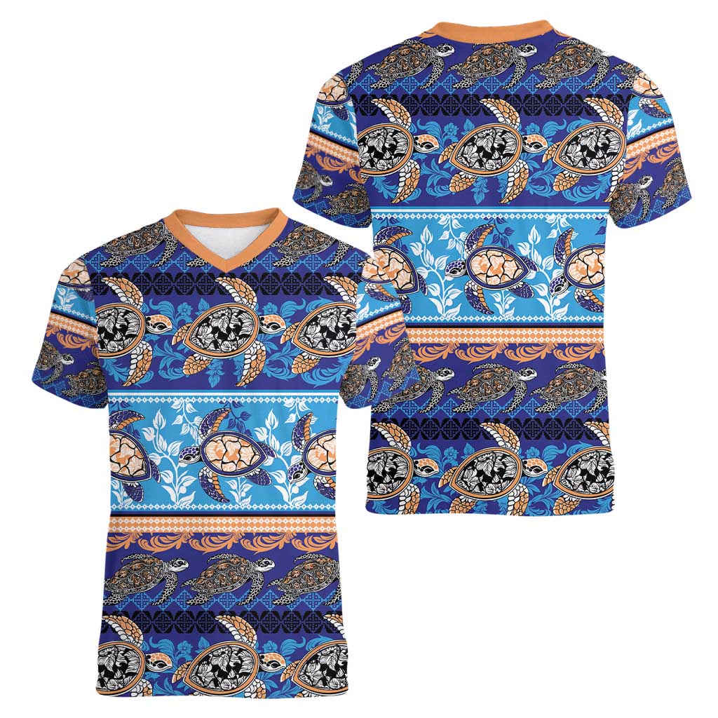 Hawaii Turtles Pattern Special Blue Women V-Neck T-Shirt - Polynesian Pride