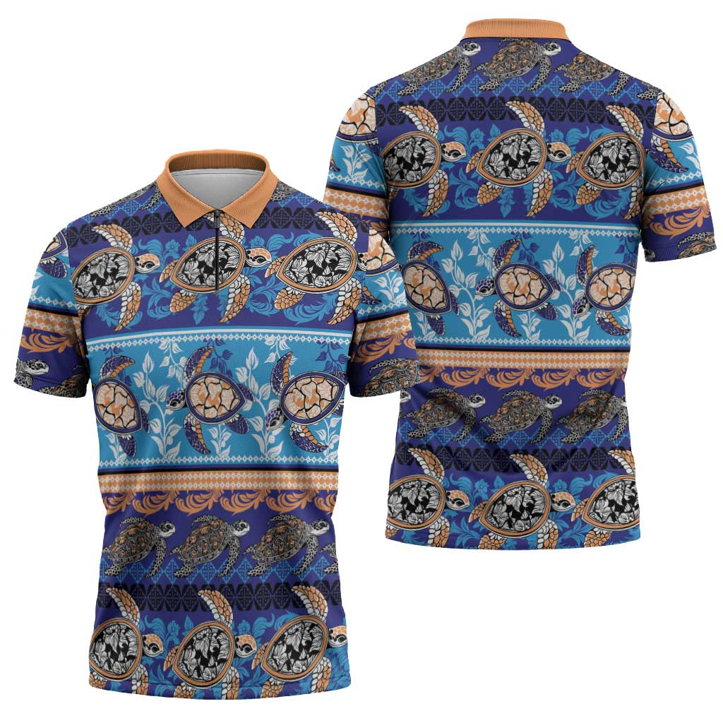 Hawaii Turtles Pattern Special Blue Zipper Polo Shirt - Polynesian Pride