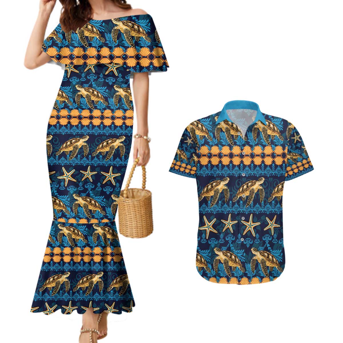 Hawaii Turtles Starfish Unique Pattern Couples Matching Mermaid Dress and Hawaiian Shirt - Polynesian Pride