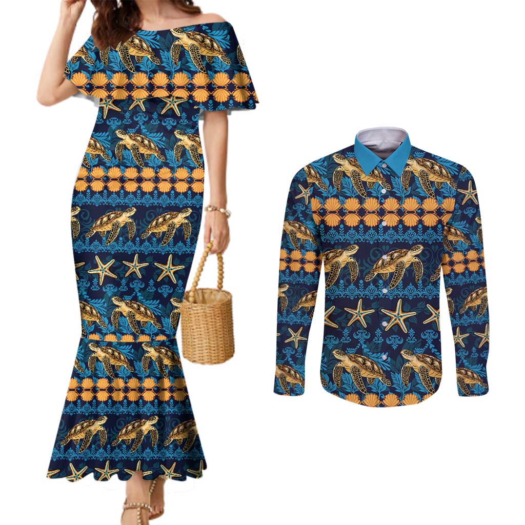 Hawaii Turtles Starfish Unique Pattern Couples Matching Mermaid Dress and Long Sleeve Button Shirt - Polynesian Pride