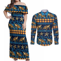 Hawaii Turtles Starfish Unique Pattern Couples Matching Off Shoulder Maxi Dress and Long Sleeve Button Shirt - Polynesian Pride