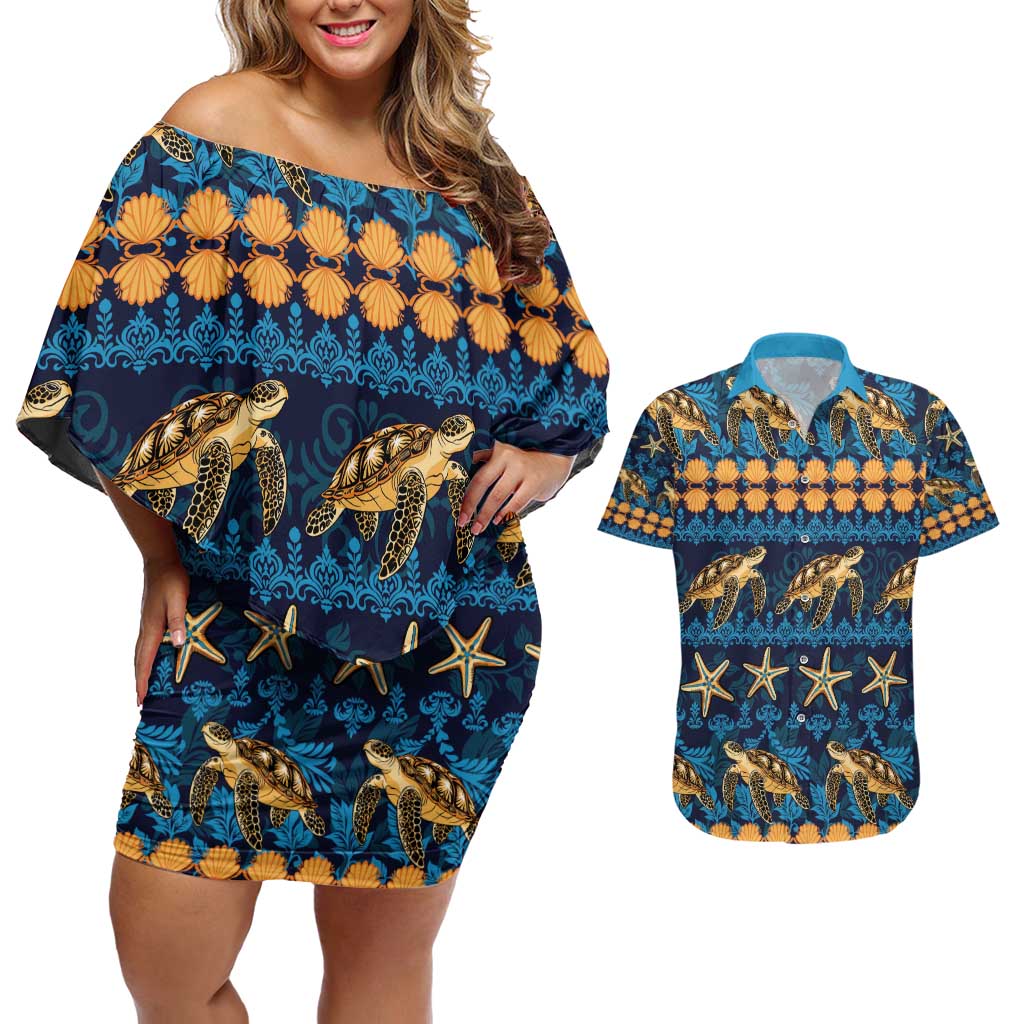 Hawaii Turtles Starfish Unique Pattern Couples Matching Off Shoulder Short Dress and Hawaiian Shirt - Polynesian Pride
