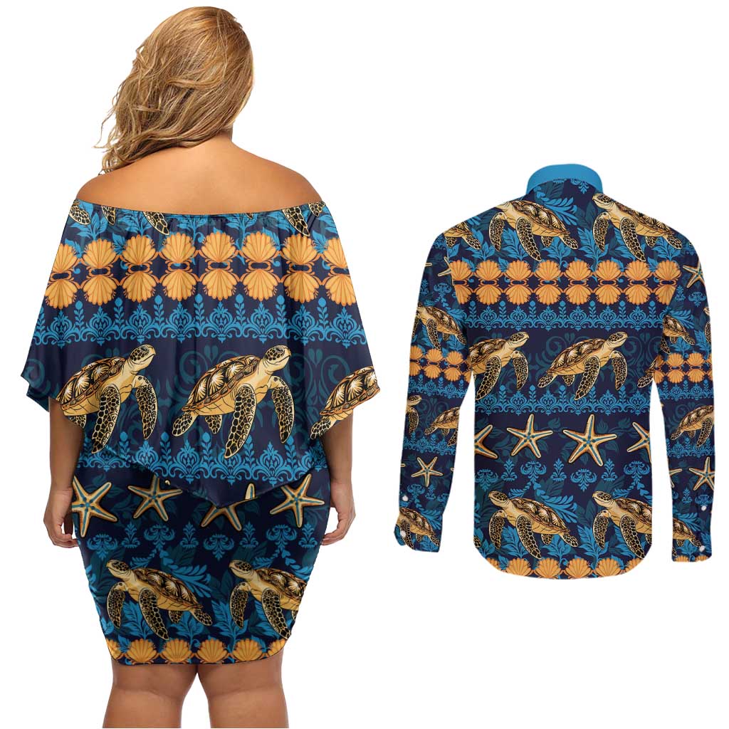 Hawaii Turtles Starfish Unique Pattern Couples Matching Off Shoulder Short Dress and Long Sleeve Button Shirt - Polynesian Pride