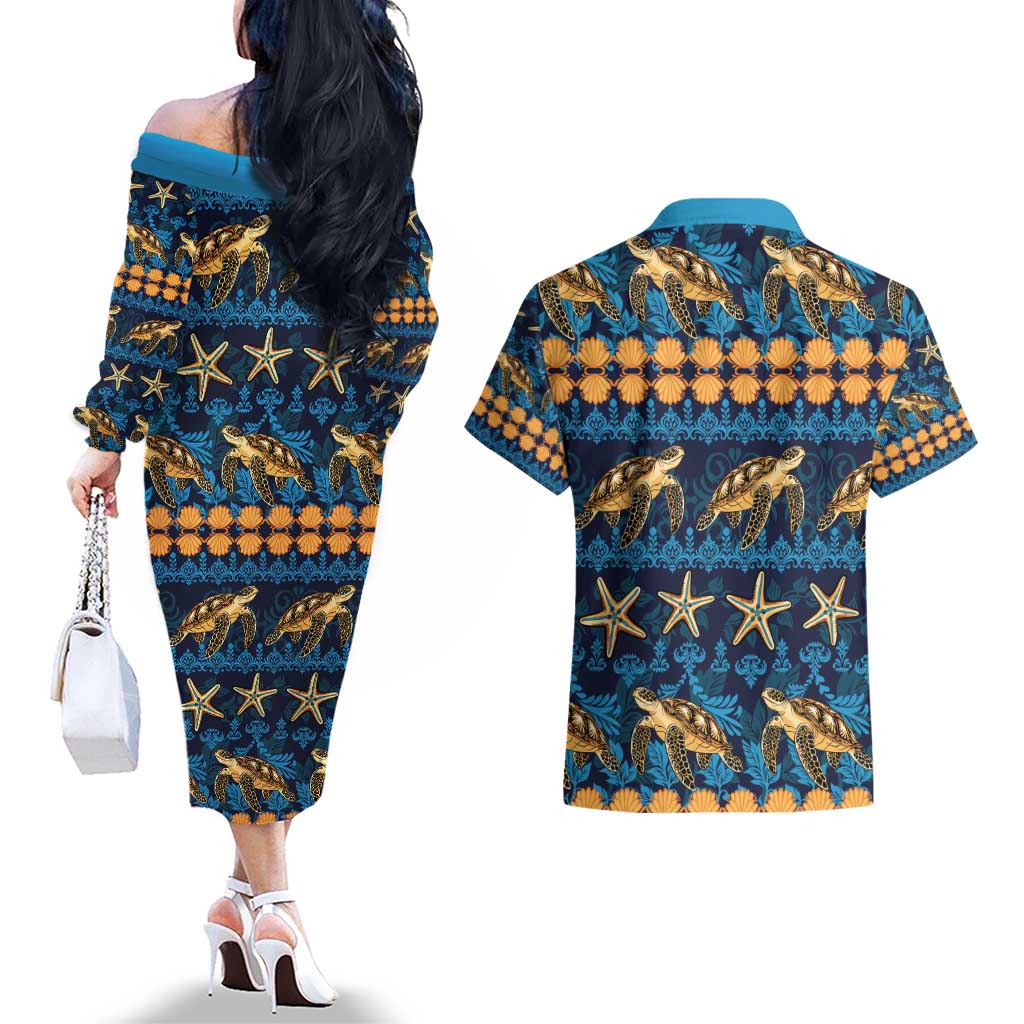 Hawaii Turtles Starfish Unique Pattern Couples Matching Off The Shoulder Long Sleeve Dress and Hawaiian Shirt - Polynesian Pride