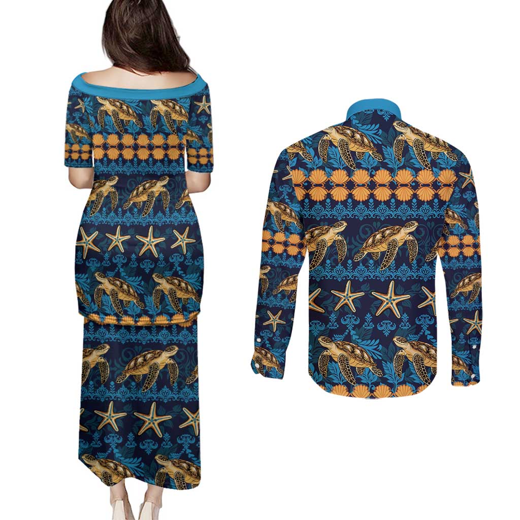 Hawaii Turtles Starfish Unique Pattern Couples Matching Puletasi and Long Sleeve Button Shirt LT01 - Polynesian Pride