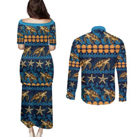 Hawaii Turtles Starfish Unique Pattern Couples Matching Puletasi and Long Sleeve Button Shirt LT01 - Polynesian Pride