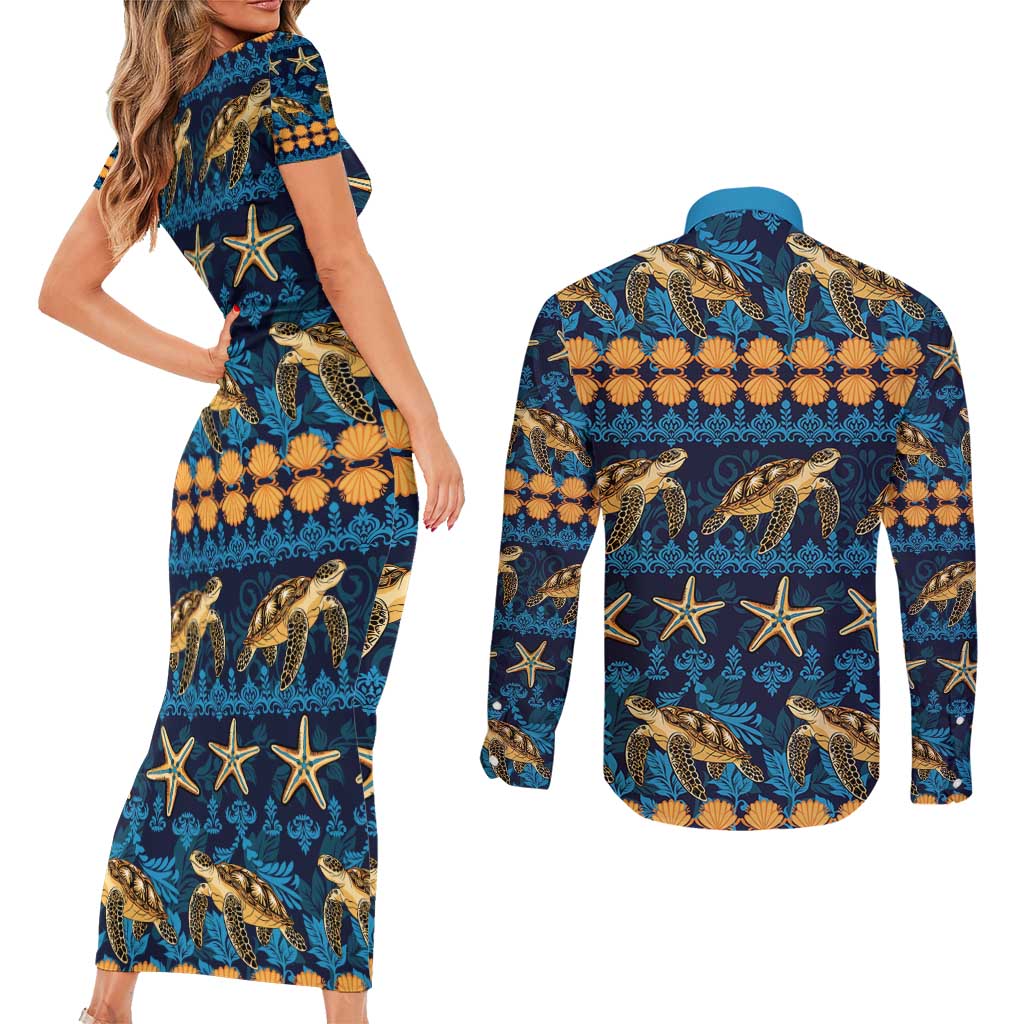 Hawaii Turtles Starfish Unique Pattern Couples Matching Short Sleeve Bodycon Dress and Long Sleeve Button Shirt - Polynesian Pride