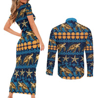 Hawaii Turtles Starfish Unique Pattern Couples Matching Short Sleeve Bodycon Dress and Long Sleeve Button Shirt - Polynesian Pride