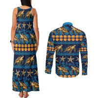 Hawaii Turtles Starfish Unique Pattern Couples Matching Tank Maxi Dress and Long Sleeve Button Shirt - Polynesian Pride