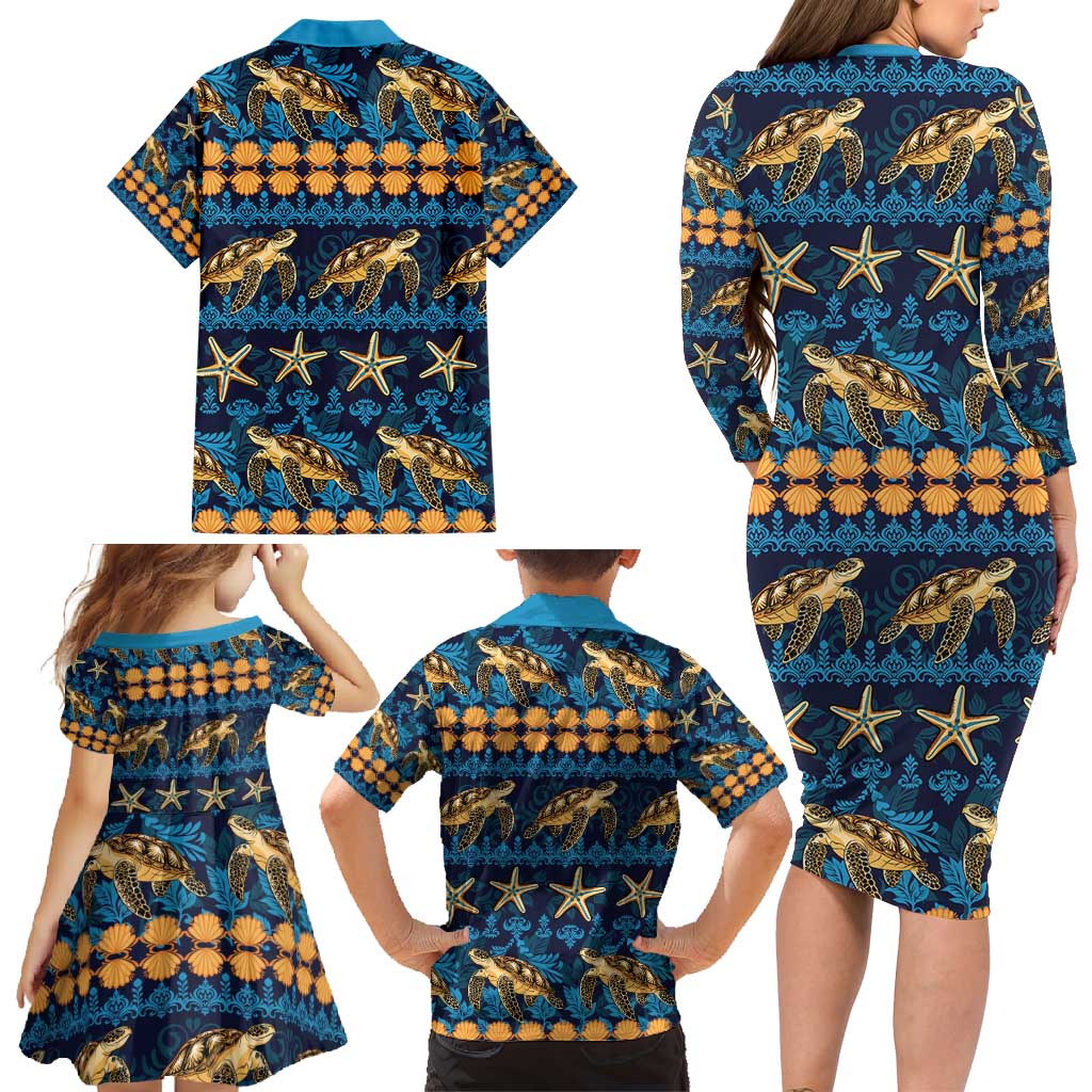 Hawaii Turtles Starfish Unique Pattern Family Matching Long Sleeve Bodycon Dress and Hawaiian Shirt - Polynesian Pride