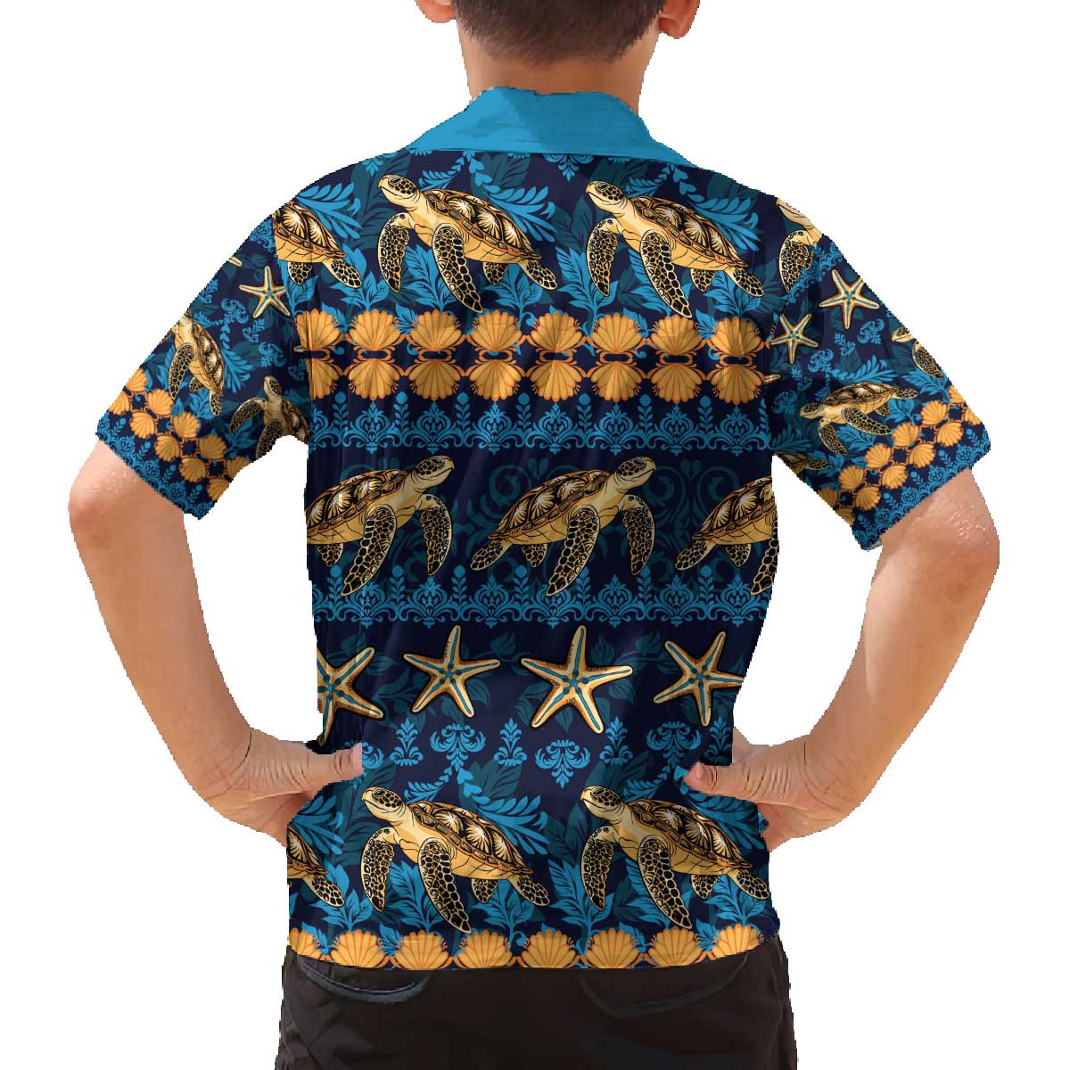 Hawaii Turtles Starfish Unique Pattern Family Matching Off The Shoulder Long Sleeve Dress and Hawaiian Shirt - Polynesian Pride