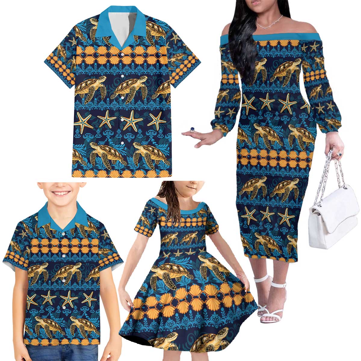 Hawaii Turtles Starfish Unique Pattern Family Matching Off The Shoulder Long Sleeve Dress and Hawaiian Shirt - Polynesian Pride