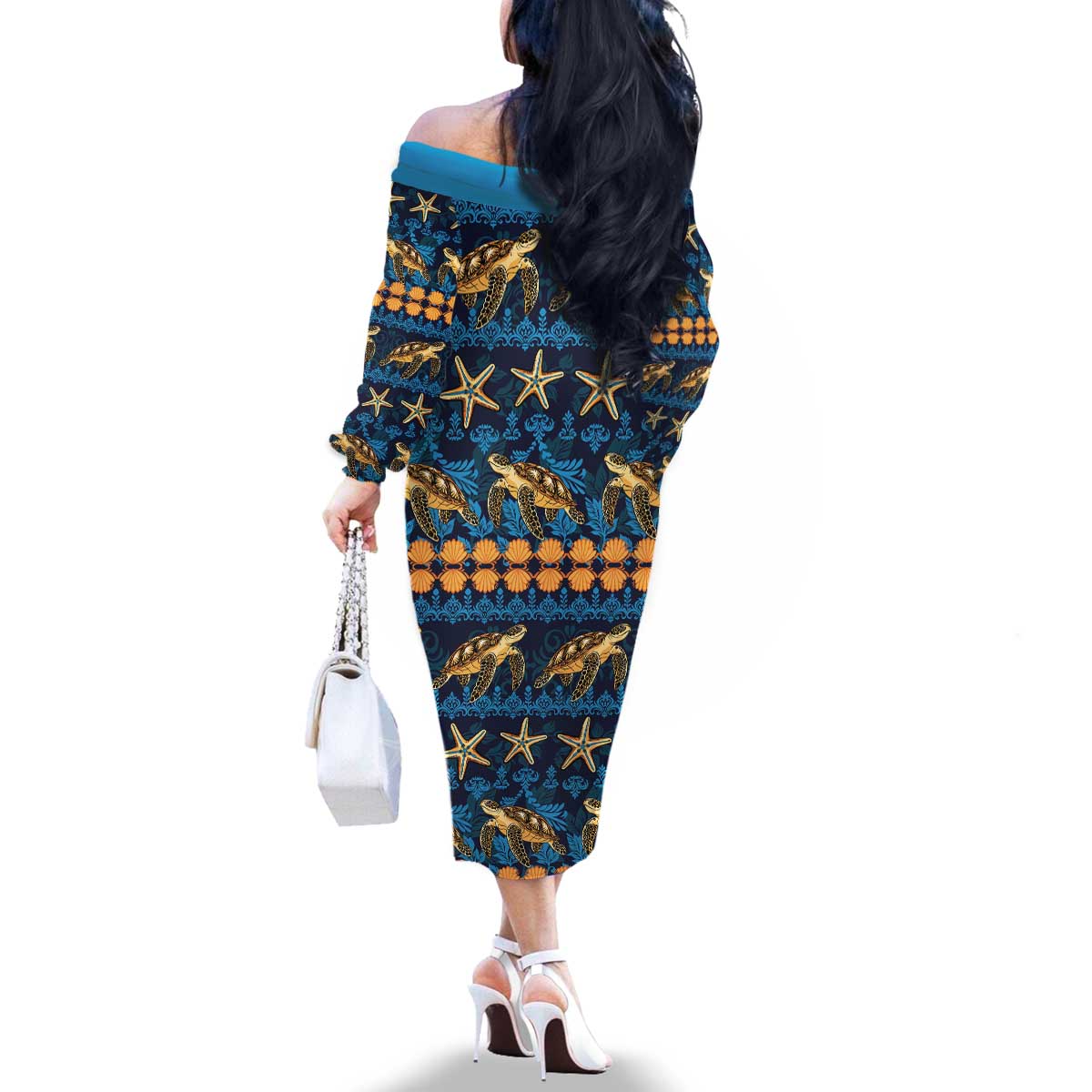 Hawaii Turtles Starfish Unique Pattern Family Matching Off The Shoulder Long Sleeve Dress and Hawaiian Shirt - Polynesian Pride