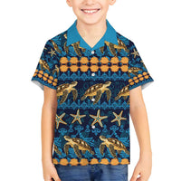 Hawaii Turtles Starfish Unique Pattern Family Matching Off Shoulder Short Dress and Hawaiian Shirt - Polynesian Pride