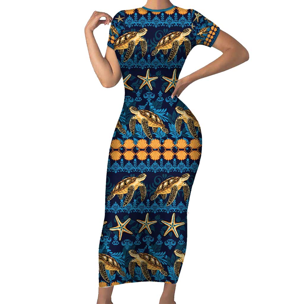 Hawaii Turtles Starfish Unique Pattern Family Matching Short Sleeve Bodycon Dress and Hawaiian Shirt - Polynesian Pride
