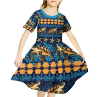 Hawaii Turtles Starfish Unique Pattern Kid Short Sleeve Dress - Polynesian Pride