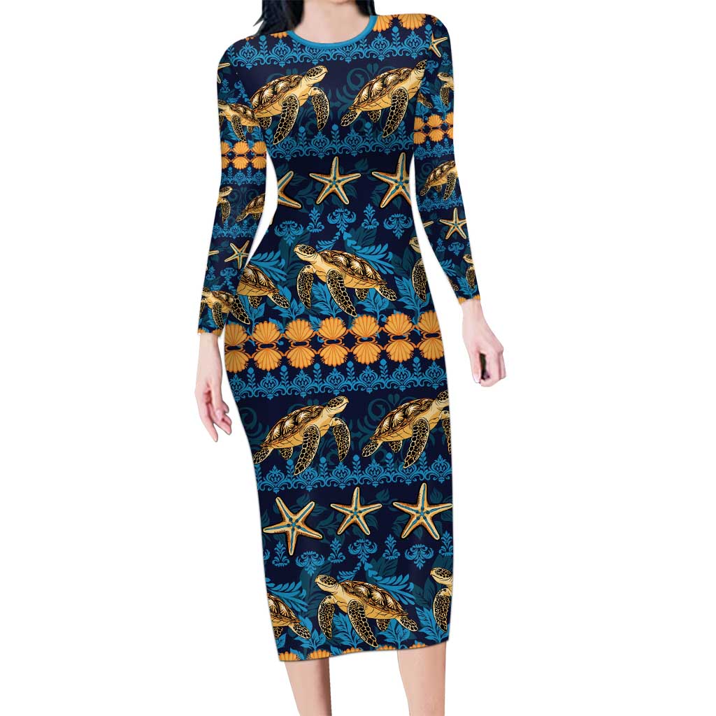 Hawaii Turtles Starfish Unique Pattern Long Sleeve Bodycon Dress - Polynesian Pride