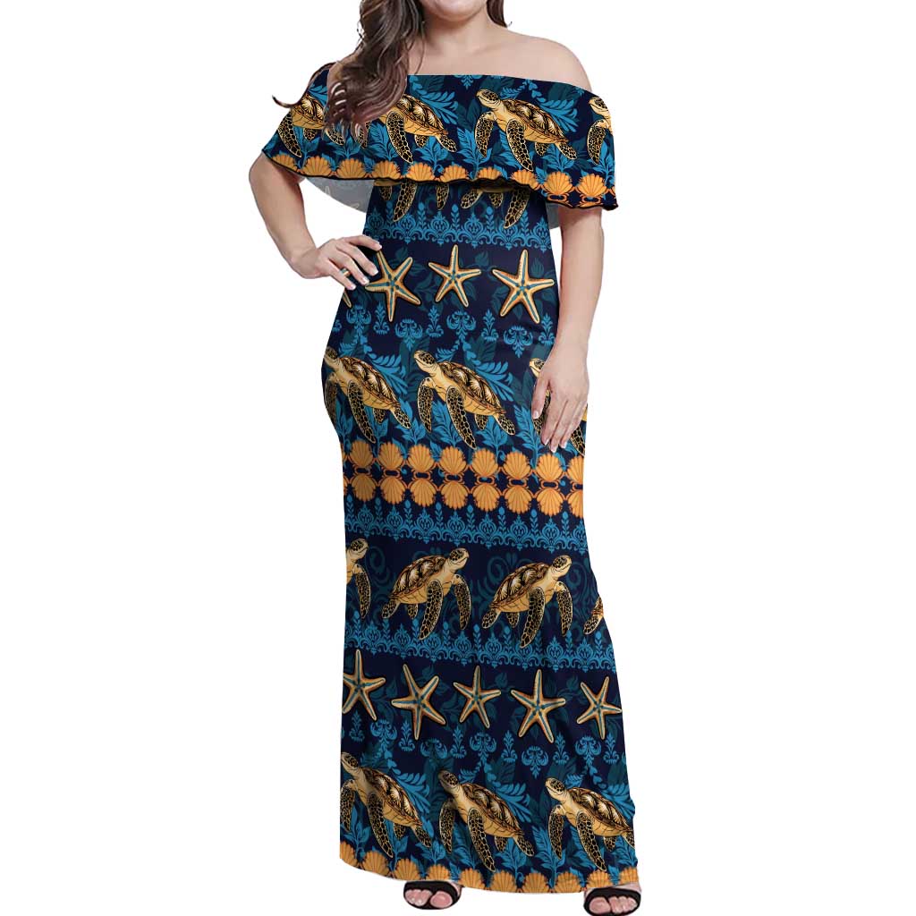 Hawaii Turtles Starfish Unique Pattern Off Shoulder Maxi Dress - Polynesian Pride
