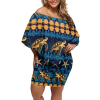 Hawaii Turtles Starfish Unique Pattern Off Shoulder Short Dress - Polynesian Pride