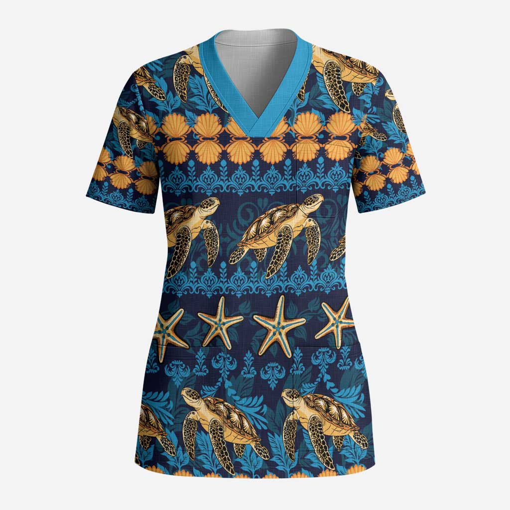 Hawaii Turtles Starfish Unique Pattern Scrub Top LT01 Adult Blue - Polynesian Pride