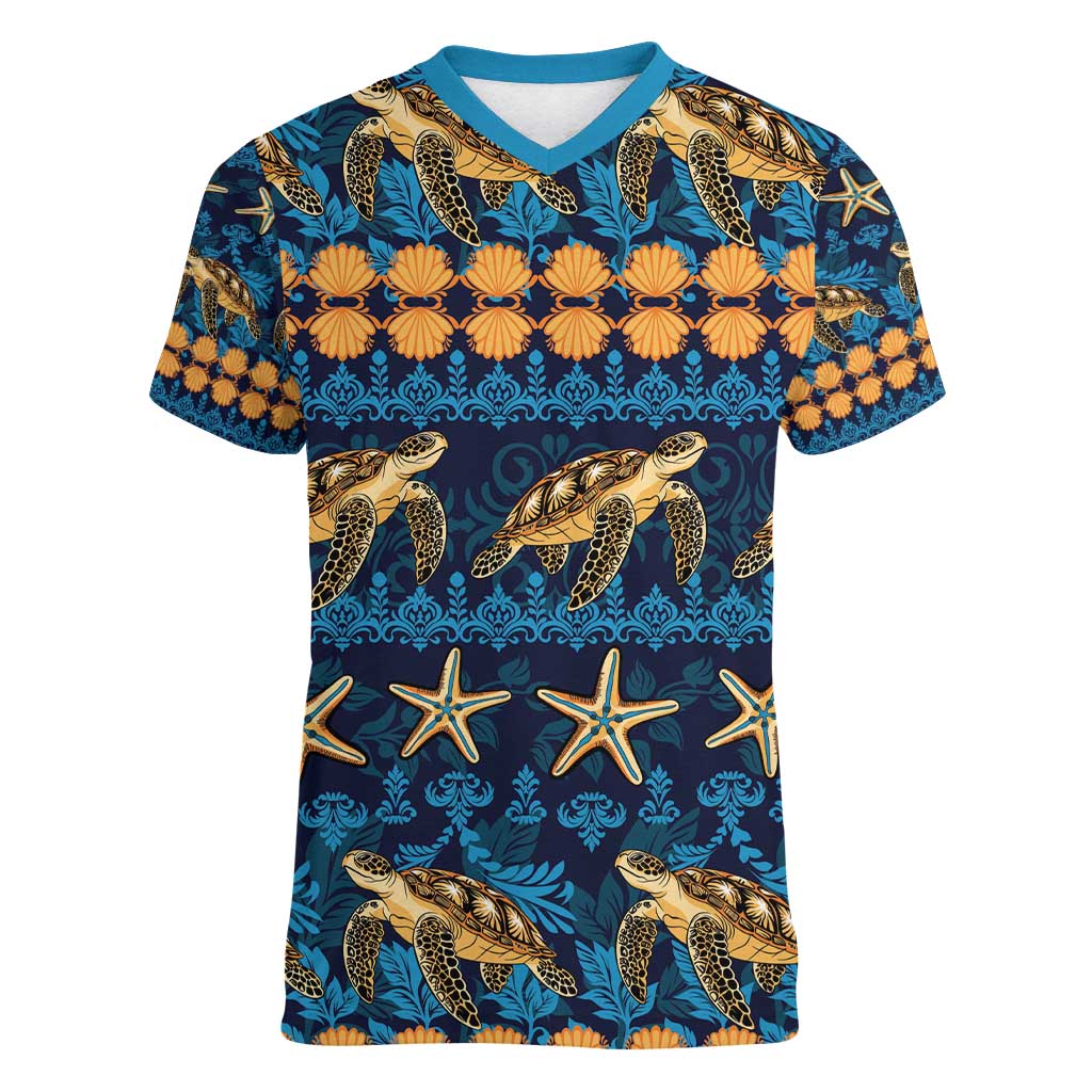 Hawaii Turtles Starfish Unique Pattern Women V-Neck T-Shirt LT01 Female Blue - Polynesian Pride