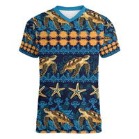 Hawaii Turtles Starfish Unique Pattern Women V-Neck T-Shirt LT01 Female Blue - Polynesian Pride