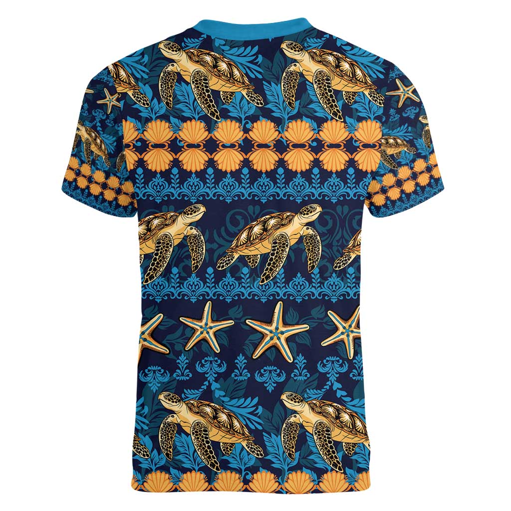 Hawaii Turtles Starfish Unique Pattern Women V-Neck T-Shirt LT01 - Polynesian Pride