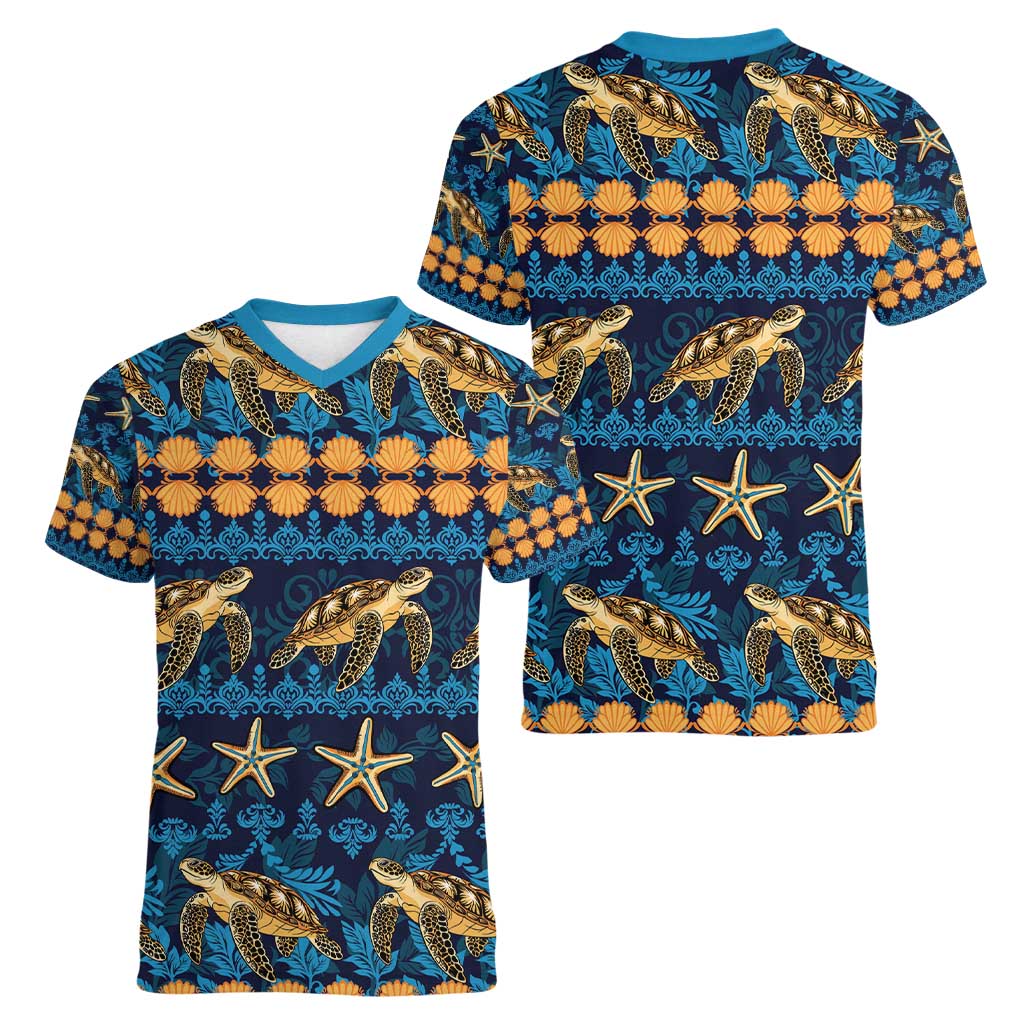 Hawaii Turtles Starfish Unique Pattern Women V-Neck T-Shirt LT01 - Polynesian Pride