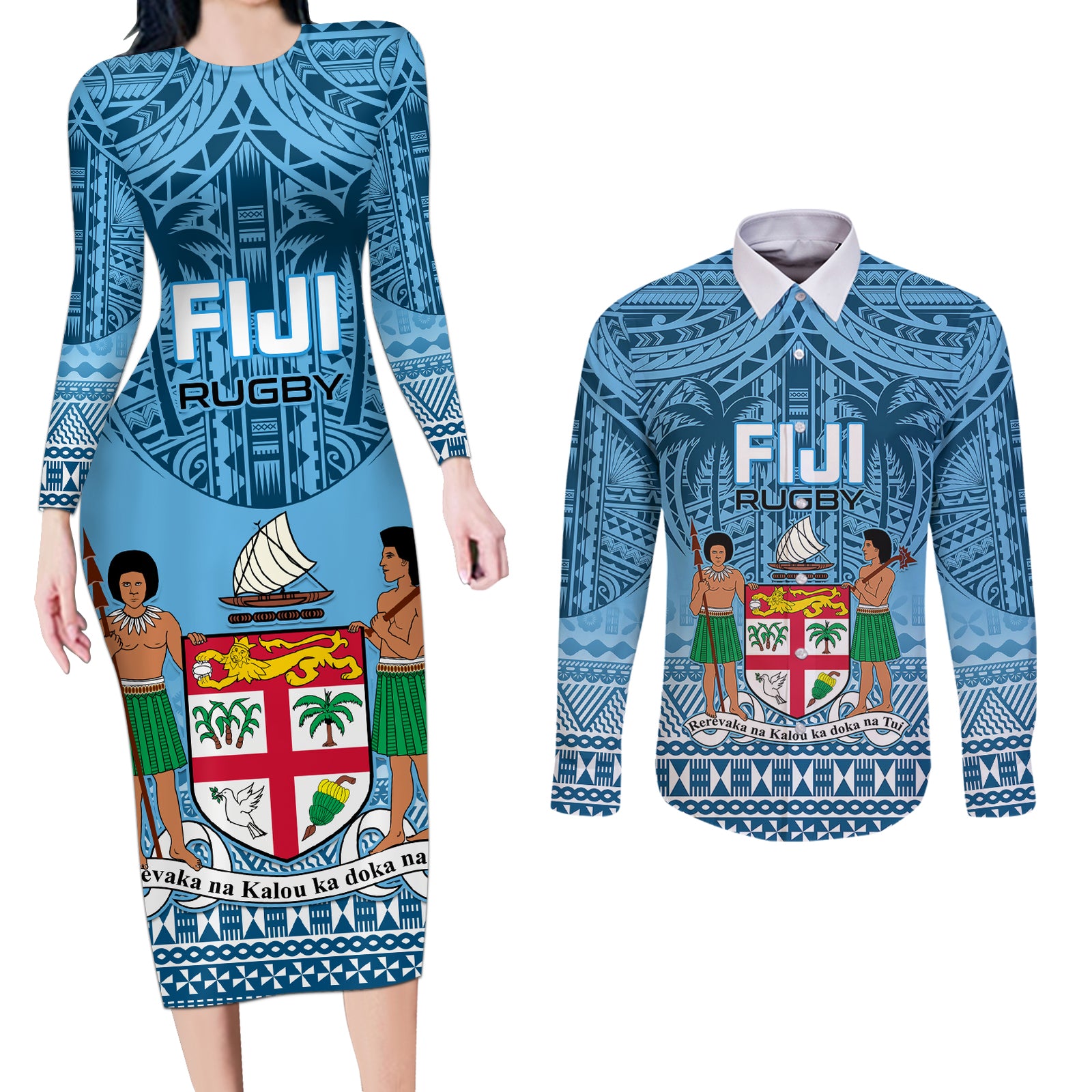 Fiji Rugby Couples Matching Long Sleeve Bodycon Dress and Long Sleeve Button Shirts Fijian Go 2023 World Cup LT01 Blue - Polynesian Pride