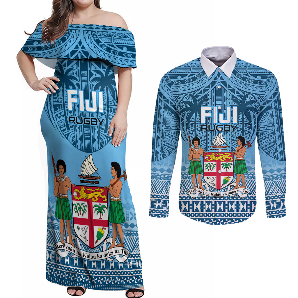Fiji Rugby Couples Matching Off Shoulder Maxi Dress and Long Sleeve Button Shirts Fijian Go 2023 World Cup LT01 Blue - Polynesian Pride