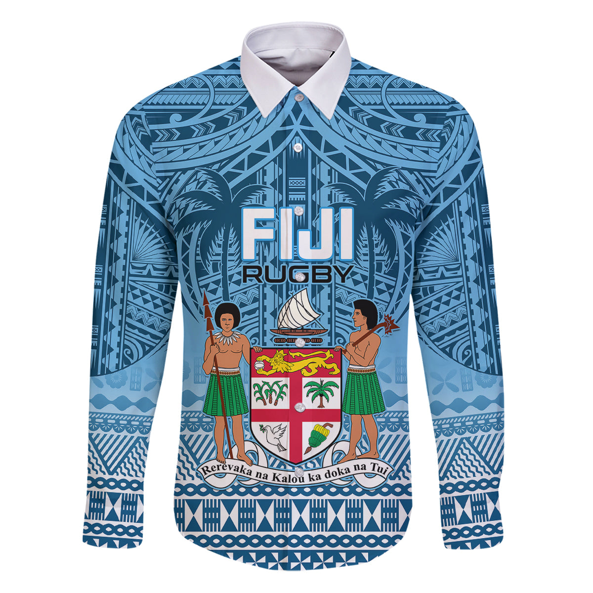 Fiji Rugby Family Matching Puletasi Dress and Hawaiian Shirt Fijian Go 2023 World Cup LT01 Dad's Shirt - Long Sleeve Blue - Polynesian Pride
