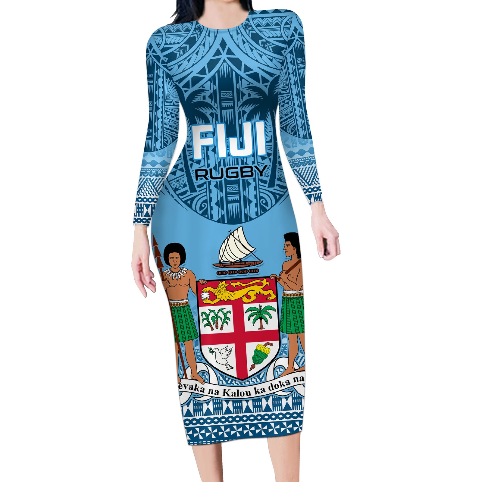 Fiji Rugby Long Sleeve Bodycon Dress Fijian Go 2023 World Cup LT01 Long Dress Blue - Polynesian Pride