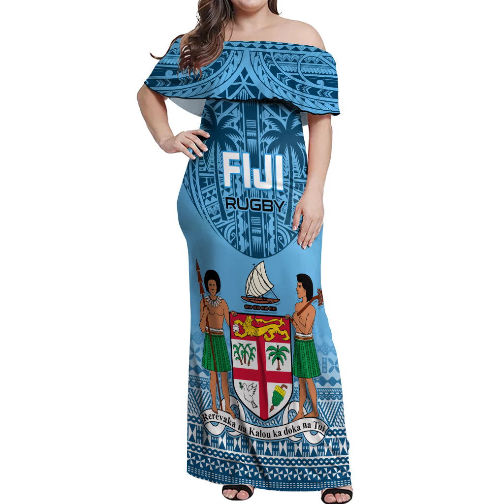 Fiji Rugby Off Shoulder Maxi Dress Fijian Go 2023 World Cup LT01 Women Blue - Polynesian Pride