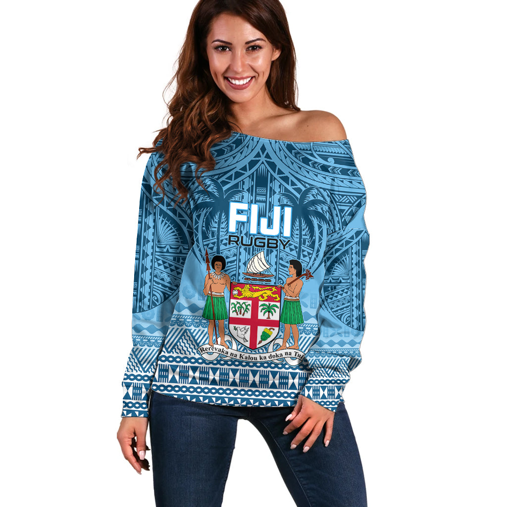 Fiji Rugby Off Shoulder Sweater Fijian Go 2023 World Cup LT01 Women Blue - Polynesian Pride
