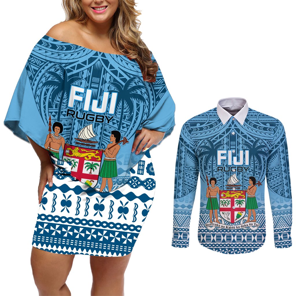 Custom Fiji Rugby Couples Matching Off Shoulder Short Dress and Long Sleeve Button Shirts Fijian Go 2023 World Cup LT01 Blue - Polynesian Pride