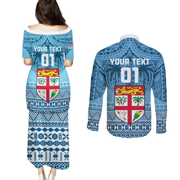 French Polynesia Tahiti Couples Matching Puletasi Dress and Long Sleeve Button Shirts Polynesian Shark Tattoo With Hibiscus Blue Version LT14 main image 1