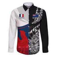 Custom New Zealand And France Rugby Family Matching Puletasi Dress and Hawaiian Shirt XV de France Kiwi Silver Fern 2023 World Cup LT01 Dad's Shirt - Long Sleeve Black - Polynesian Pride