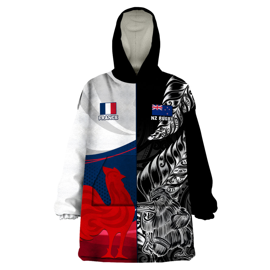 Custom New Zealand And France Rugby Wearable Blanket Hoodie XV de France Kiwi Silver Fern 2023 World Cup LT01 One Size Black - Polynesian Pride