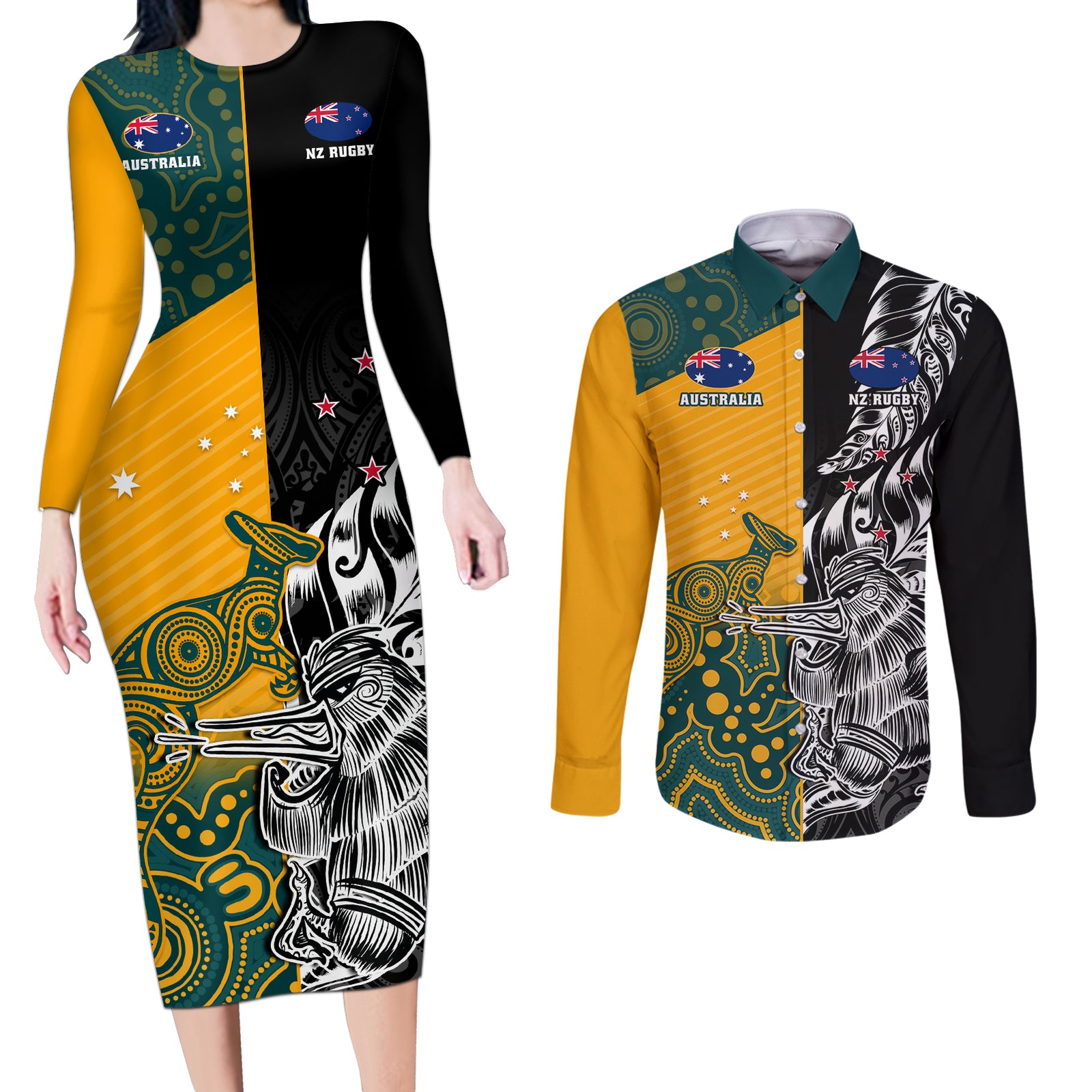 custom-new-zealand-and-ausrtralia-rugby-couples-matching-long-sleeve-bodycon-dress-and-long-sleeve-button-shirts-wallabies-kiwi-silver-fern-2023-world-cup