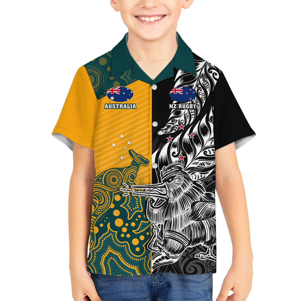 custom-new-zealand-and-ausrtralia-rugby-family-matching-off-shoulder-long-sleeve-dress-and-hawaiian-shirt-wallabies-kiwi-silver-fern-2023-world-cup