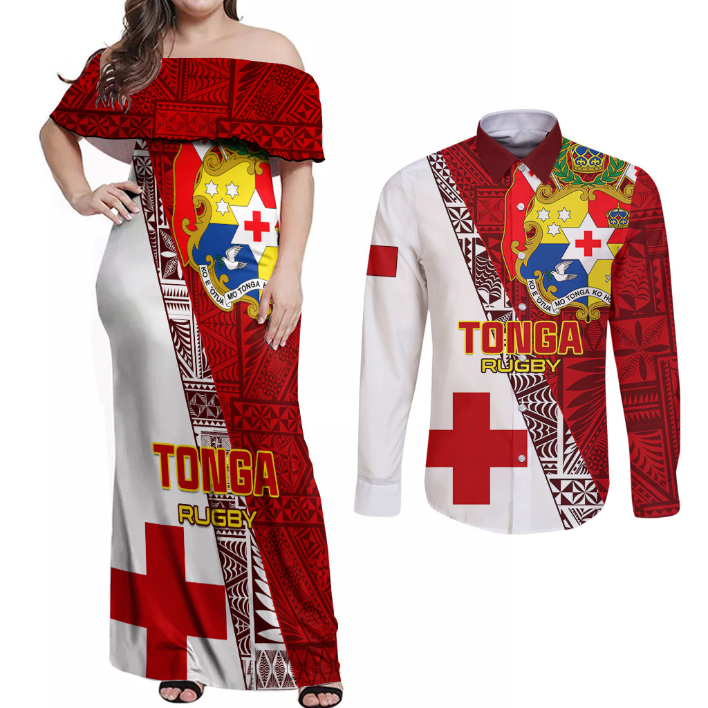Tonga Rugby Couples Matching Off Shoulder Maxi Dress and Long Sleeve Button Shirts Tongan Go 2023 World Cup LT01 Red - Polynesian Pride