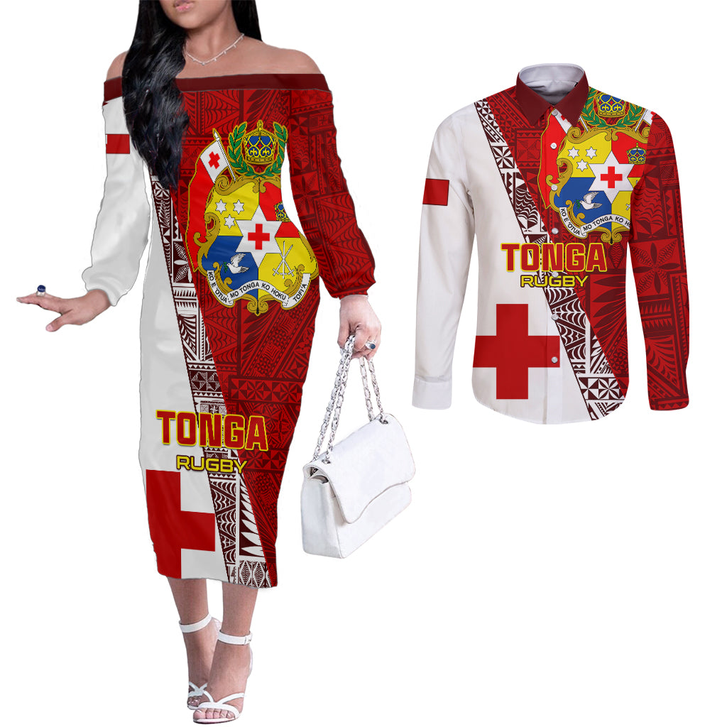 Tonga Rugby Couples Matching Off The Shoulder Long Sleeve Dress and Long Sleeve Button Shirts Tongan Go 2023 World Cup LT01 Red - Polynesian Pride
