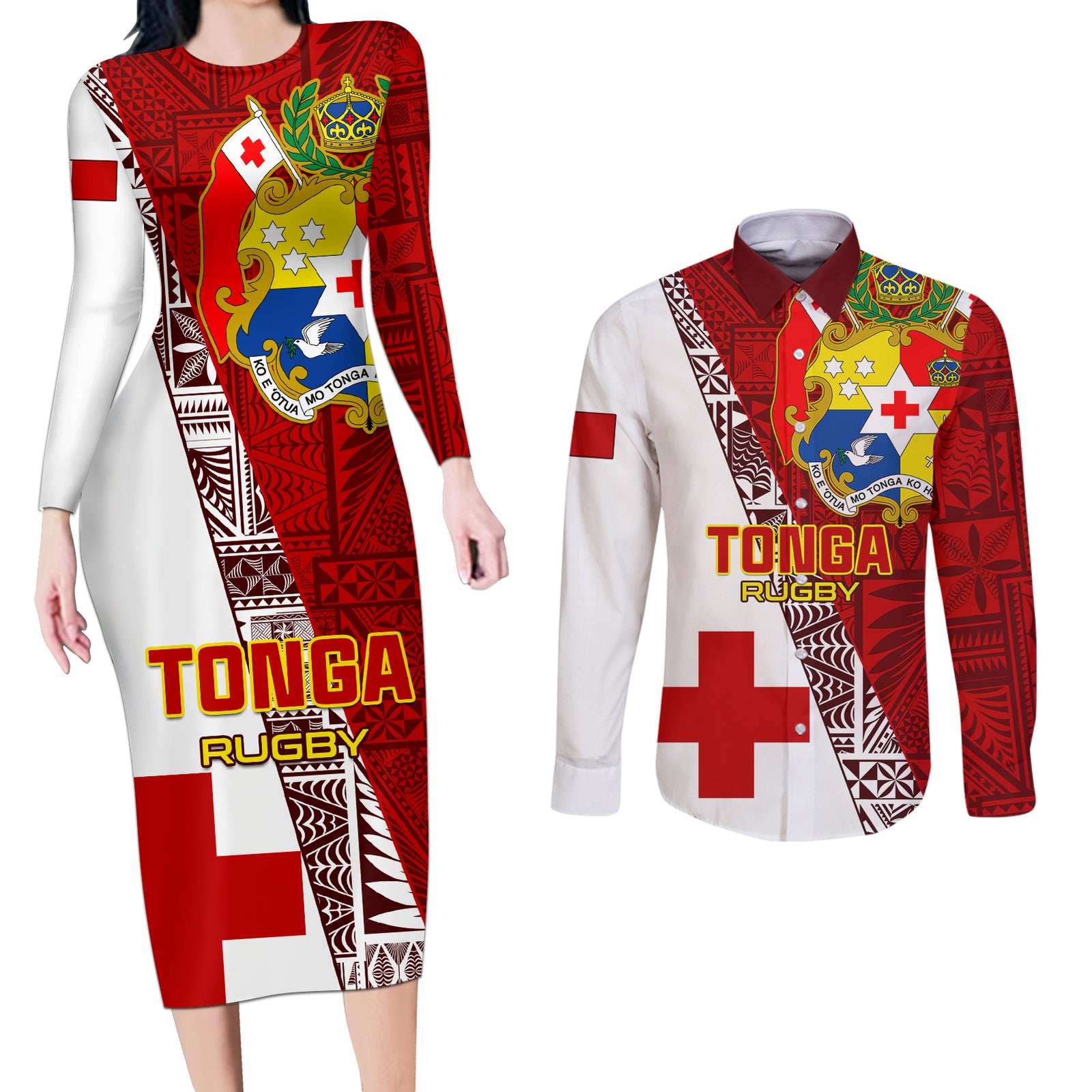 Custom Tonga Rugby Couples Matching Long Sleeve Bodycon Dress and Long Sleeve Button Shirts Tongan Go 2023 World Cup LT01 Red - Polynesian Pride