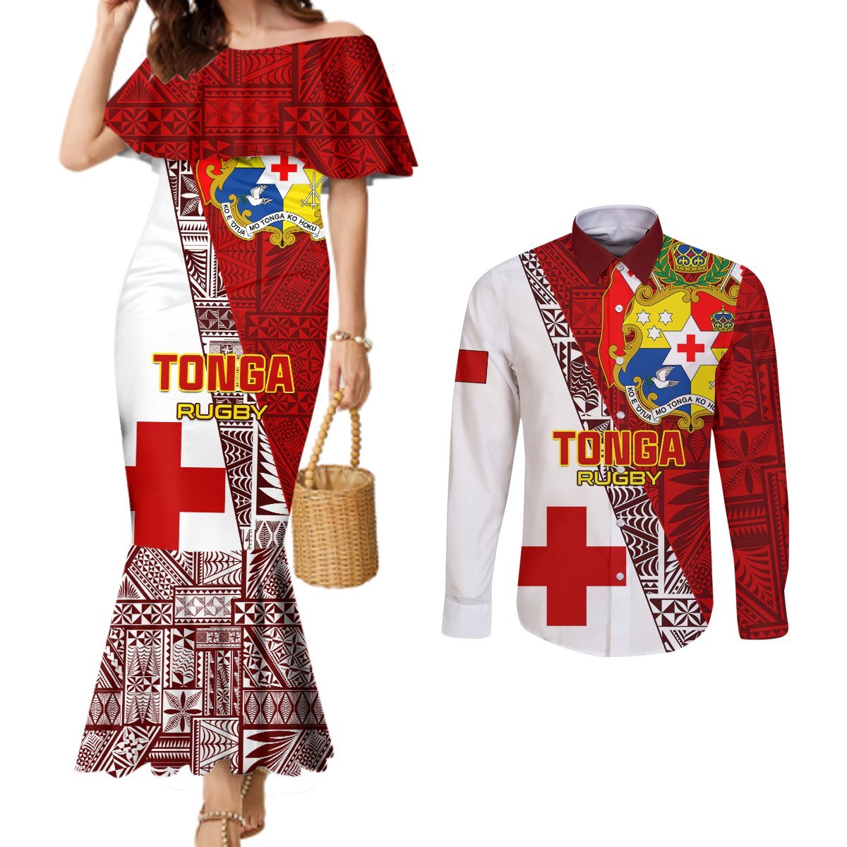 Custom Tonga Rugby Couples Matching Mermaid Dress and Long Sleeve Button Shirts Tongan Go 2023 World Cup LT01 Red - Polynesian Pride