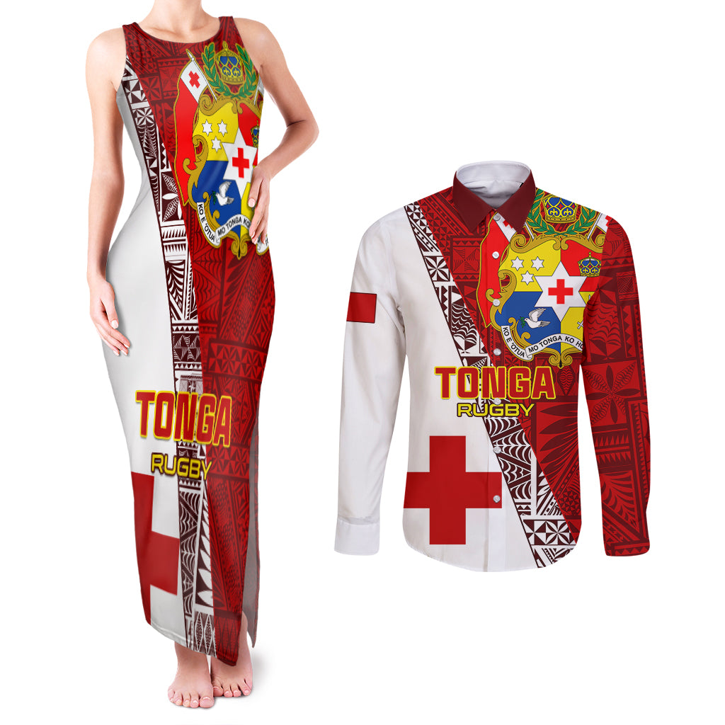 Custom Tonga Rugby Couples Matching Tank Maxi Dress and Long Sleeve Button Shirts Tongan Go 2023 World Cup LT01 Red - Polynesian Pride
