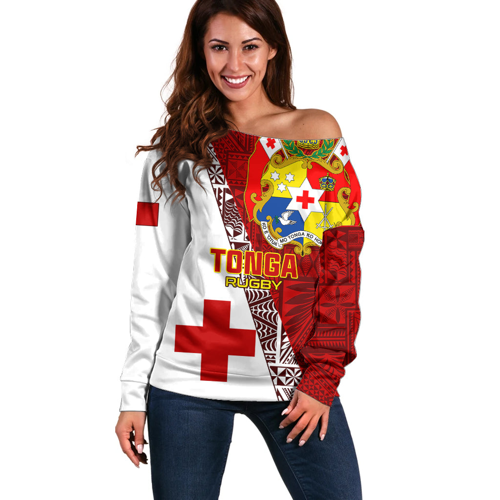 Custom Tonga Rugby Off Shoulder Sweater Tongan Go 2023 World Cup LT01 Women Red - Polynesian Pride