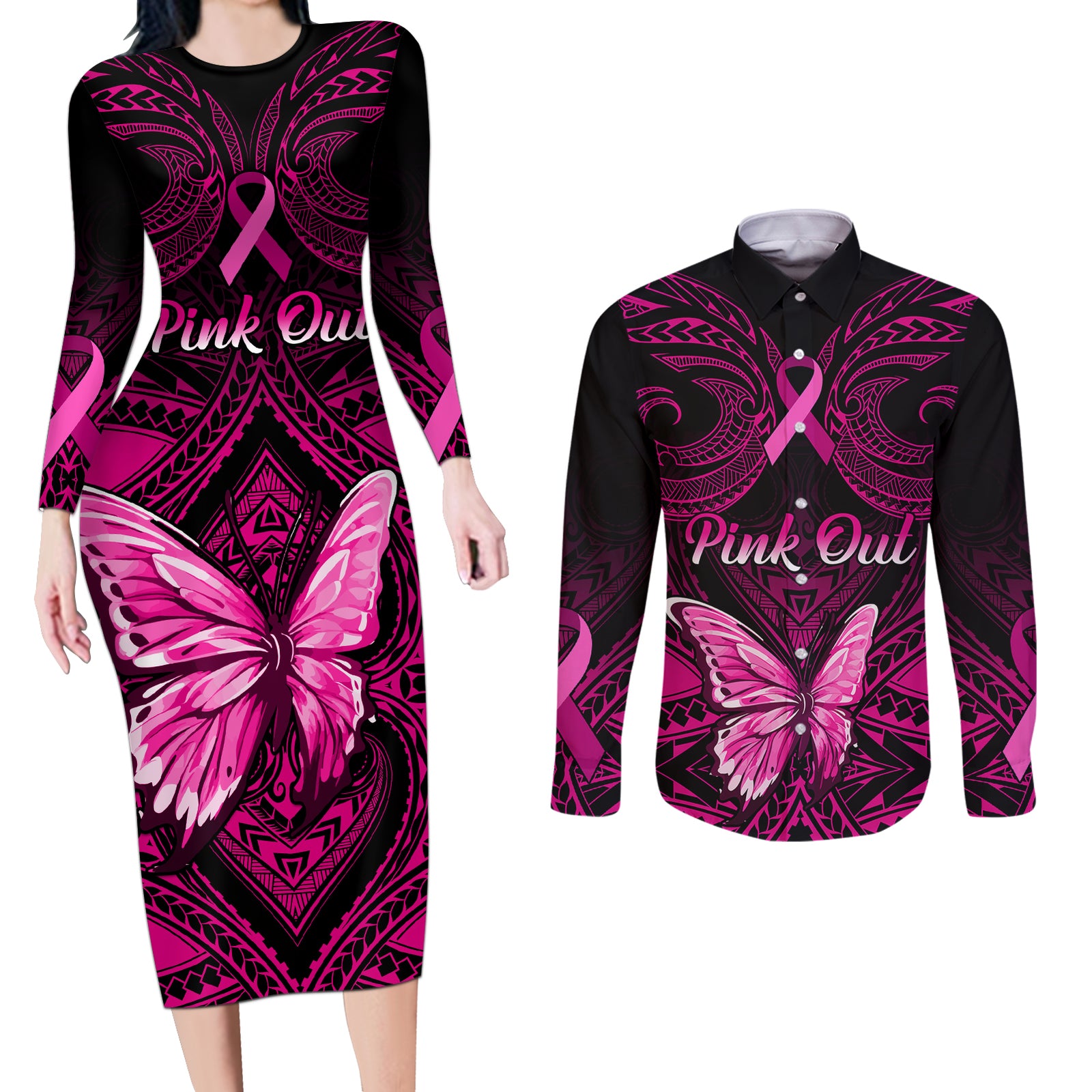 Personalised Pink Out Couples Matching Long Sleeve Bodycon Dress and Long Sleeve Button Shirts Breast Cancer Awareness Polynesian Pattern Black Version LT01 Black - Polynesian Pride