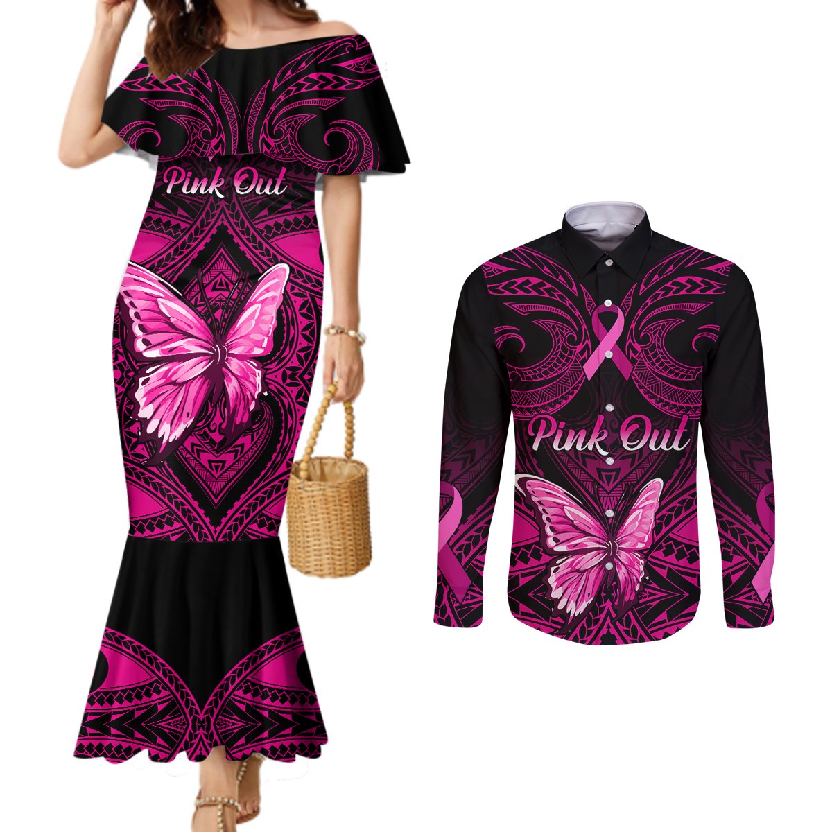 Personalised Pink Out Couples Matching Mermaid Dress and Long Sleeve Button Shirts Breast Cancer Awareness Polynesian Pattern Black Version LT01 Black - Polynesian Pride
