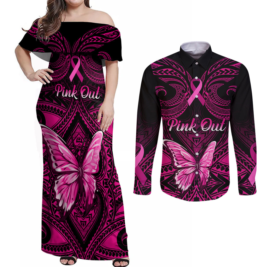 Personalised Pink Out Couples Matching Off Shoulder Maxi Dress and Long Sleeve Button Shirts Breast Cancer Awareness Polynesian Pattern Black Version LT01 Black - Polynesian Pride