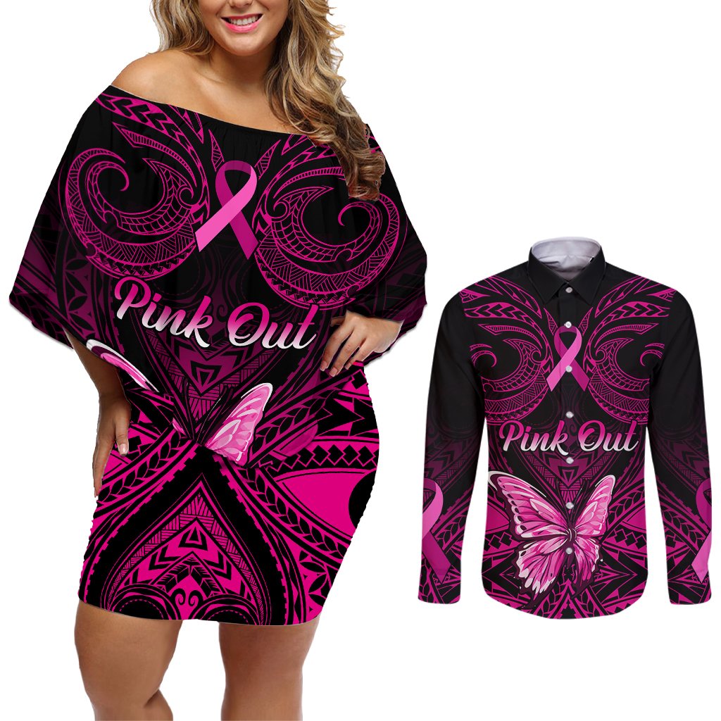 Personalised Pink Out Couples Matching Off Shoulder Short Dress and Long Sleeve Button Shirts Breast Cancer Awareness Polynesian Pattern Black Version LT01 Black - Polynesian Pride